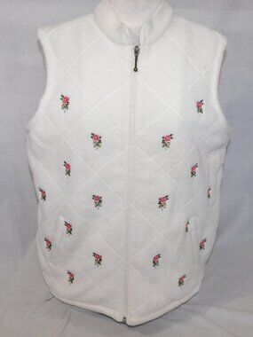 VTG Carroll Reed White Fleece Embroidered Pink Rose Full Zip Vest  Womens L